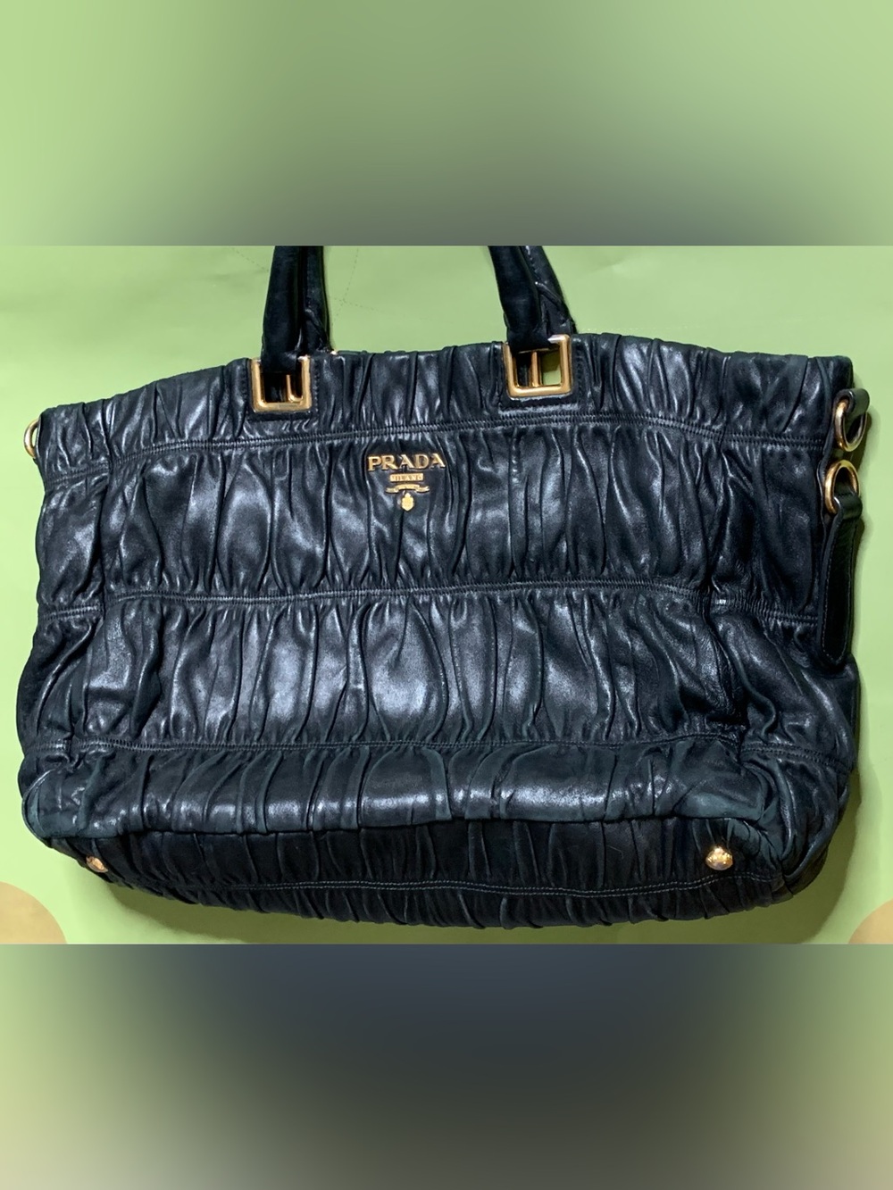 Prada Nappa Gaufre Black Ruched Leather Tote with Gold Hardware